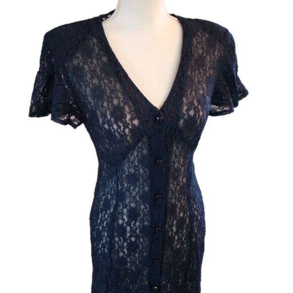 1990s Sheer Lace Dress Medium Navy Blue Button Up Fairy Whimsigoth Romantic - Picture 4 of 11